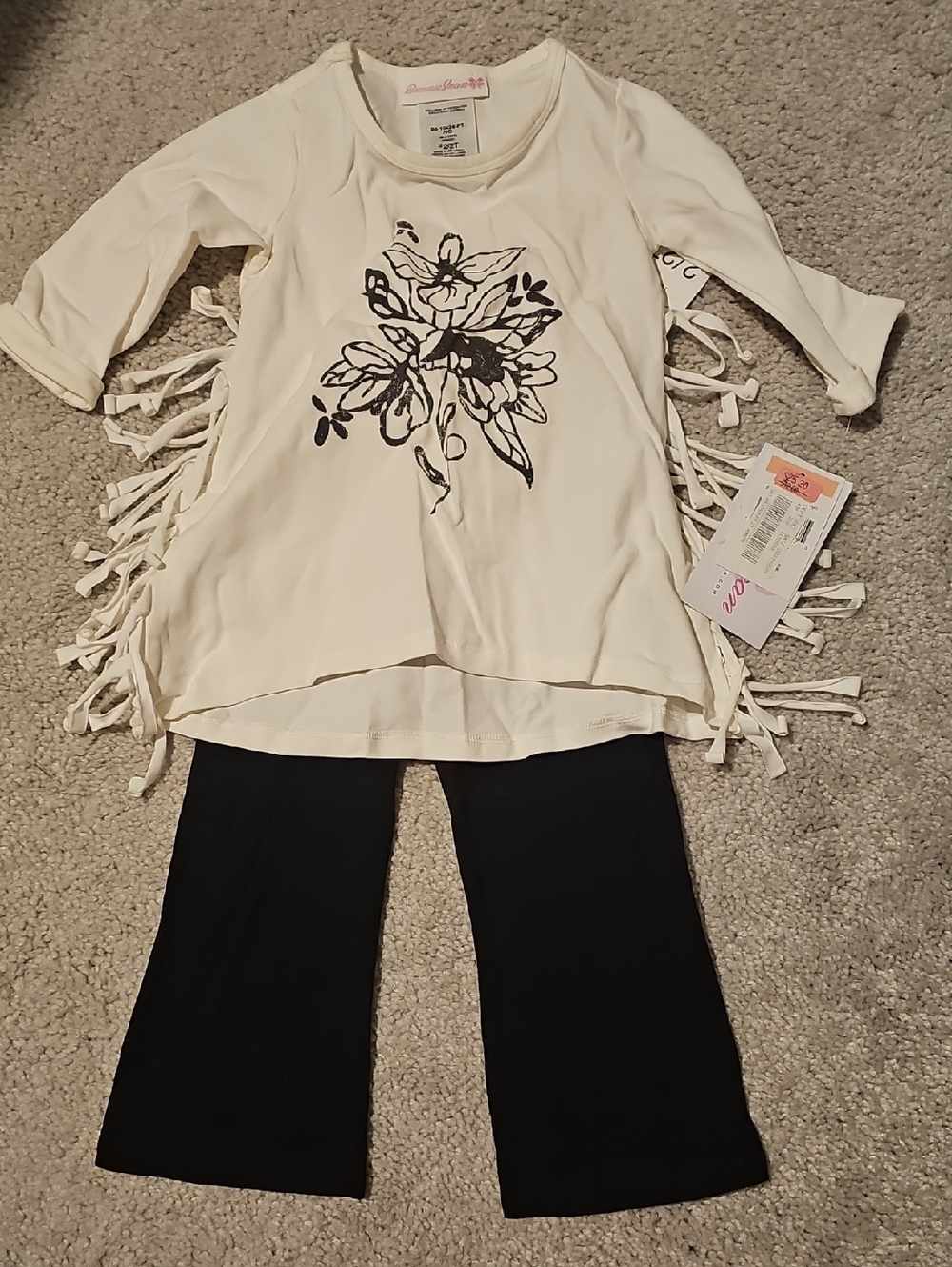 Cream Floral Fringe Top with Black Floral Print